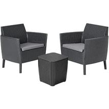 Set da Giardino 3 Pezzi in Rattan Sintetico con Cuscini e Tavolino Contenitore Colore Grafite Modello Salemo Balcony Keter