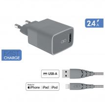 Chargeur maison 2.4A IC Smart Garanti à vie + Câble USB A/Lightning Gris - 100% Plastique recyclé Force Power