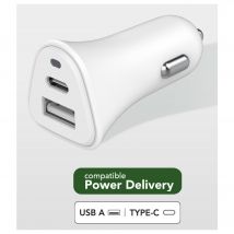 Double Chargeur voiture USB A+C PD 37W (12+25W) Power Delivery Souple Blanc Just Green