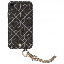 Coffret coque en Cuir embossé St Germain Noire avec bandoulière dorée amovible pour iPhone XR Artefakt