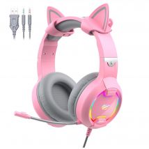 GAMENOTE H2233d Auriculares para juegos de chica rosa con orejas de gato e iluminación RGB para PC y consola - Altavoz de 50 mm - Nuevo