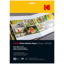 KODAK Photo Sticker Paper - Pack de 10 feuilles de papier photo autocollant - Format 21 x 29.7 cm (A4) - Finition brillante - 120 gsm - Compatible 