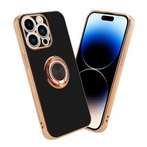 Coque pour Apple iPhone 14 PRO MAX en Glossy Noir - Or avec anneau Housse de protection Étui en silicone TPU flexible, avec protection pour appareil 