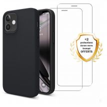 EVETANE Coque iPhone 12 Mini Silicone liquide Noire + 2 Vitres en Verre trempé Protection écran Antichocs