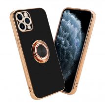 Coque pour Apple iPhone 11 PRO en Glossy Noir - Or avec anneau Housse de protection Étui en silicone TPU flexible, avec protection pour appareil photo