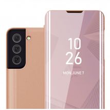 Coque pour Samsung Galaxy S22 en KUNZIT ROSE Clear View Housse de protection Étui de protection miroir avec fonction de support Protection à 360 