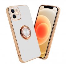 Coque pour Apple iPhone 12 en Glossy Blanc - Or avec anneau Housse de protection Étui en silicone TPU flexible, avec protection pour appareil photo et