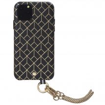 Coffret coque en Cuir embossé St Germain Noire avec bandoulière dorée amovible pour iPhone 11 Pro Artefakt