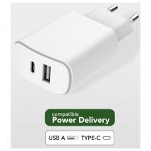 Double Chargeur maison USB A+C PD 37W (12+25W) Power Delivery Souple Blanc Just Green