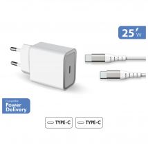 Kit Chargeur USB C 25W + Câble Renforcé USB C / USB C 1.2m Blanc + Garantie à vie Force Power Lite