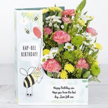 Birthday Flowers with Spray Carnations, Yellow Solidago, Santini, Gypsophila and Chrysanthemums