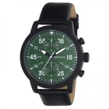 Henley Men's Bold Textured Green Dial Black Leather Strap Sports Watch