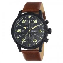 Henley Men's Bold Textured Black Dial Brown Leather Strap Watch