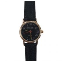 Pelex Black Leather Strap Ladies Quartz Watch - Black Dial