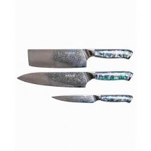 Makan Damascus Steel 3-piece Knife Set - Chef's, Utility, Vegetable - Sky Blue