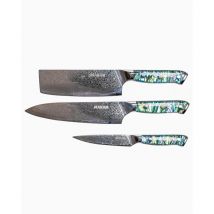 Makan Damascus Steel Knife Set 3 Piece Chef Utility Vegetable Blue Wood Handle