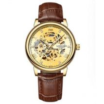 Ny London Gold-tone Automatic Hollow Mechanical Analogue Watch - Brown Leather Strap