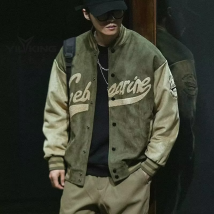 Veste de baseball en daim pour homme, blouson aviateur vert vintage pour homme