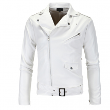 Mens Leather Jackets 2023 New White Black Casual Lapel Slim Fit Diagonal Zipper Motorcycle PU Leather Jacket Coat Mens