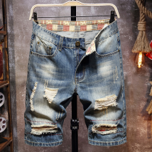 Vêtements pour hommes short en jean déchiré patch droit short grande taille short pour homme