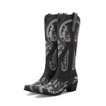 Women's embroidered rhinestone chunky heels with side zipper high leg fashion western boots for women