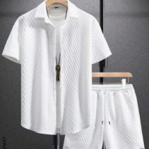 Costume de chemise et short décontracté en jacquard tricoté de couleur unie pour hommes