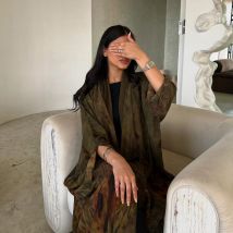 Women's Clothing Coat Chiffon Print Fashion Robe Outer Dress Outer Wear Muslim Dubai Abaya
