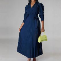 Robe élégante à col montant, manches longues, taille plissée, jupe longue, petite robe élégante, 2025