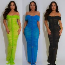 Women's Clothing Fashion Sexy Pleated Mesh Maxi Dress