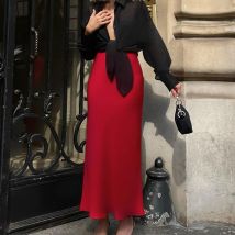 Jupe longue en satin rouge pour femme, vêtement d'automne, nouvel an, jupe longue de banquet haut de gamme, vente en gros