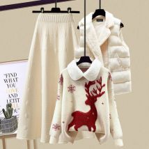 Vêtements pour femmes Costume d'automne et d'hiver Ambiance de Noël Pull rouge Gilet polyvalent Jupe slim Costume trois pièces