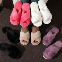 Pantoufles en coton à lanières croisées en laine et peluche croisée pour femmes