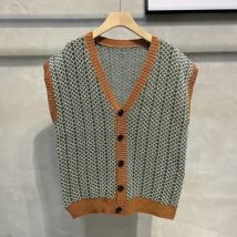 Men's Clothing Retro V neck knitted cardigan for men autumn and winter all match style contrast color loose waistcoat vest sleeveless vest