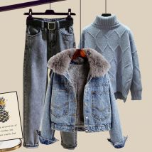 Vêtements pour femmes Costume d'hiver pour femmes Nouvelle veste en jean épaissie en velours pour femmes Tempérament Slim Pull Jeans Costume trois pièces