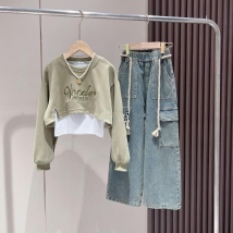 Girls' Fall Three-piece Girls' Stylish Vest Hoodie Cargo Jeans Set