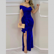 Robe femme fendue en velours à une épaule