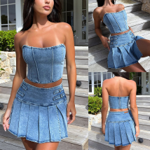 Sexy Summer Outfits Women 2025 Fashion Jean Dress With Skirt 2 Piece Sets Bustier Blue Denim Two Piece Outfit Split Skirt Set