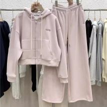 Women's Clothing Autumn And Winter Sports Plus Velvet Thickened Sweater Suit For Women Short Hooded Cardigan Wide Leg Sweatpants Pink Two Piece Suit