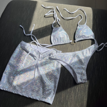 snakeskin pattern drawstring strap three-piece short skirt bikini swimsuit