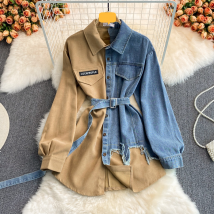 Robe à revers en denim patchwork pour femmes