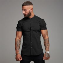 Men's fitness short sleeve shirt Men's sport solid color cardigan casual stand collar slim shirt
