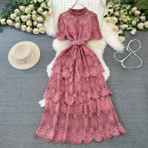 Women's Clothing Lady Temperament Short Sleeved Lapel Waist Slim Single Breasted A Line Water Soluble Hollow Lace Shirt Dress