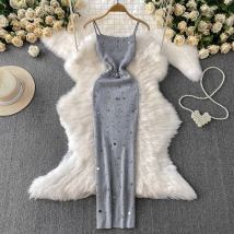 Women's Clothing Royal Sister Style Elegant Light Luxury Heavy Work Beaded Suspender Dress New Style Elastic Knit Tight Slim Split Long Skirt