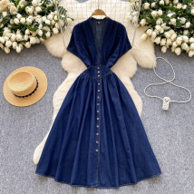 Women's Clothing High End Dress Summer High End Deep V Neck Waist Button Down Slim Fit Pleated Casual Denim Skirt