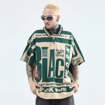 Men's Clothing ins retro striped print polo shirt half sleeve men and women oversize hip hop lapel short sleeve T-shirt