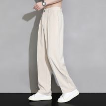 Pantalon d'été en soie glacée pour homme, coupe droite, ample, décontractée et longue, avec un drapé luxueux.