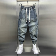 Jean bleu nostalgique pantalon élastique homme couture garniture pantalon motard homme jean coton rembourré hanche pantalon homme