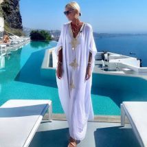 [Coton et lin] Robe de plage en coton brodée d'or pour femme