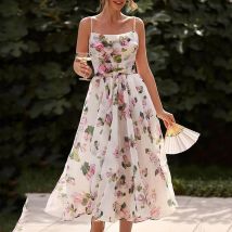 Robe mi-longue à bretelles pour femmes, vêtements d'été à la mode, imprimé Rose, pour la maison