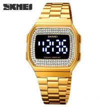 Montre numérique femme SKMEI 1807 mode dorée Excel Bracelet en acier inoxydable résistant à l'eau Chronographe Simple Montre-bracelet décontractée